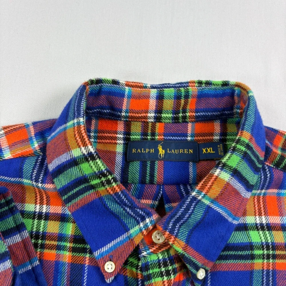 Polo Ralph Lauren Flannel Shirt Mens 2XL Blue Plaid Button Up Long Sleeve Casual